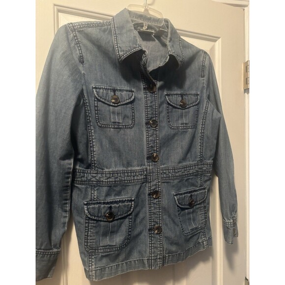 CHICO'S Sz 0 Light Blue STRETCH DENIM Button-Up JACKET w Pockets y2k Vtg - Picture 2 of 4